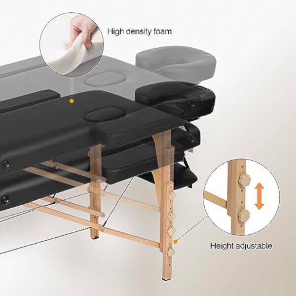 VORSCH Table de Massage Pliante Professionnelle, Lit de Massage Portable à 2 Zones 213 x 82 cm, Table Esthétique, Réglable en Hauteur, avec Accoudoirs, Appuie-tête, Sac de Transport, Noir – Image 7