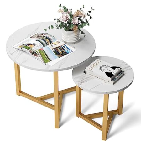 VOWNER Lot de Table Basse Salon, Meubles de Salon, Table Basse Ronde, Table Basse Bois, Table Basse Gigogne, Tables de Salon, Meuble Salon, Table Ronde, Φ 23.6'' × 19.7'', Blanc
