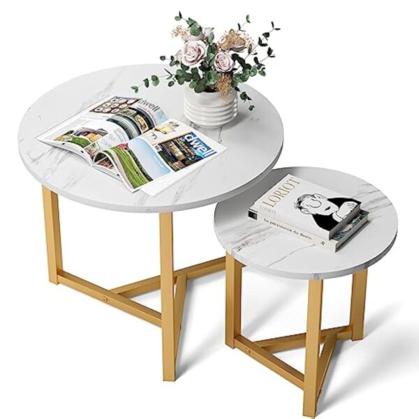 VOWNER Lot de Table Basse Salon, Meubles de Salon, Table Basse Ronde, Table Basse Bois, Table Basse Gigogne, Tables de Salon, Meuble Salon, Table Ronde, Φ 23.6'' × 19.7'', Blanc – Image 2