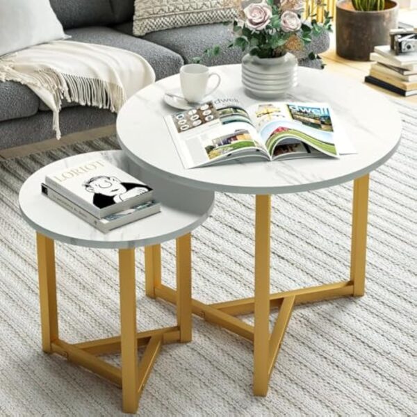 VOWNER Lot de Table Basse Salon, Meubles de Salon, Table Basse Ronde, Table Basse Bois, Table Basse Gigogne, Tables de Salon, Meuble Salon, Table Ronde, Φ 23.6'' × 19.7'', Blanc – Image 3