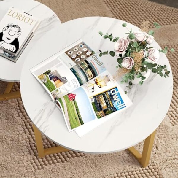VOWNER Lot de Table Basse Salon, Meubles de Salon, Table Basse Ronde, Table Basse Bois, Table Basse Gigogne, Tables de Salon, Meuble Salon, Table Ronde, Φ 23.6'' × 19.7'', Blanc – Image 5