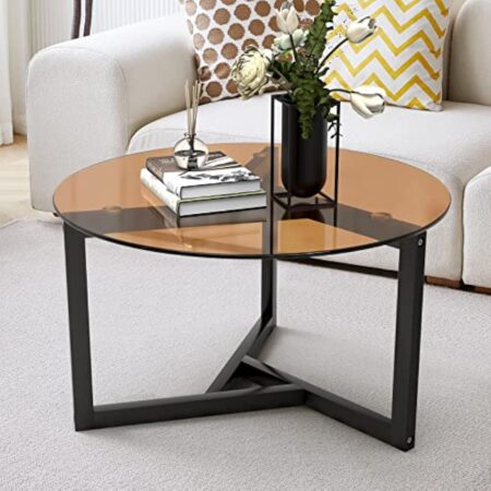 VOWNER Table Basse Ronde, Table de Salon, Table Basse en Verre Trempé, Table de Canapé Moderne, Facile à Assembler, pour Salon, avec Base en Bois Noir, 80×80×46 CM, Marron