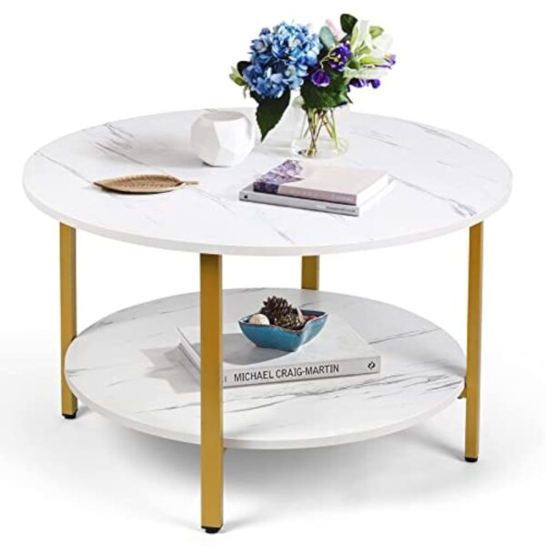 VOWNER Table Basse Ronde, Table Basse Salon, Table D'appoint, Table Canapé, 2 Niveaux de Rangement, Facile à Monter, Table Basse Effet Marbre, Structure en Métal Doré, 80 x 80 x 48 CM