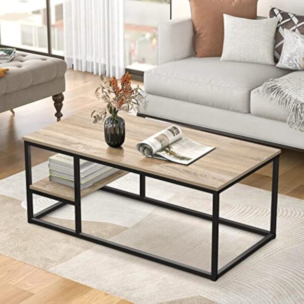 VOWNER Table Basse Salon avec Structure et étagère en Acier, Design Industriel, Style Scandinave, Facile à Assembler, Table de Canapé en Bois, Couleur du Bois