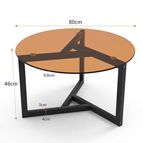 VOWNER Table Basse Ronde, Table de Salon, Table Basse en Verre Trempé, Table de Canapé Moderne, Facile à Assembler, pour Salon, avec Base en Bois Noir, 80×80×46 CM, Marron – Image 3