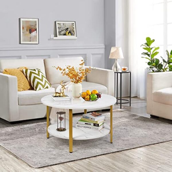 VOWNER Table Basse Ronde, Table Basse Salon, Table D'appoint, Table Canapé, 2 Niveaux de Rangement, Facile à Monter, Table Basse Effet Marbre, Structure en Métal Doré, 80 x 80 x 48 CM – Image 3