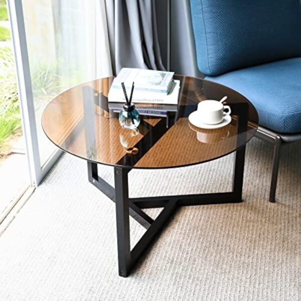 VOWNER Table Basse Ronde, Table de Salon, Table Basse en Verre Trempé, Table de Canapé Moderne, Facile à Assembler, pour Salon, avec Base en Bois Noir, 80×80×46 CM, Marron – Image 4