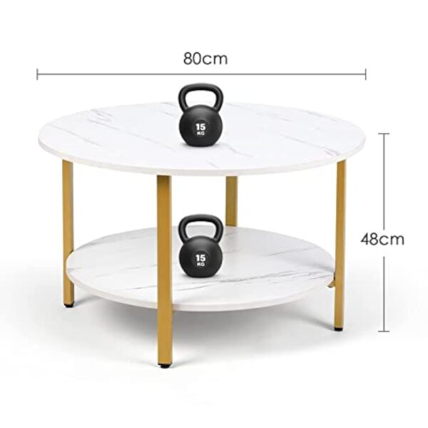 VOWNER Table Basse Ronde, Table Basse Salon, Table D'appoint, Table Canapé, 2 Niveaux de Rangement, Facile à Monter, Table Basse Effet Marbre, Structure en Métal Doré, 80 x 80 x 48 CM – Image 4