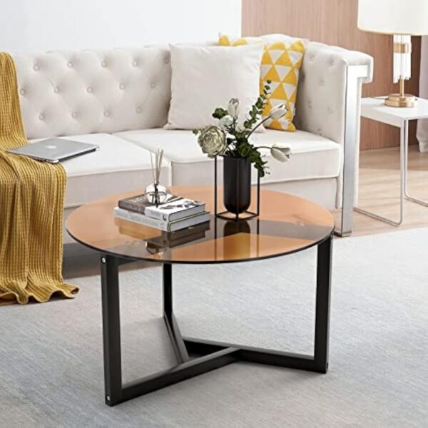VOWNER Table Basse Ronde, Table de Salon, Table Basse en Verre Trempé, Table de Canapé Moderne, Facile à Assembler, pour Salon, avec Base en Bois Noir, 80×80×46 CM, Marron – Image 5