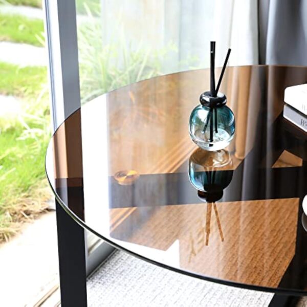 VOWNER Table Basse Ronde, Table de Salon, Table Basse en Verre Trempé, Table de Canapé Moderne, Facile à Assembler, pour Salon, avec Base en Bois Noir, 80×80×46 CM, Marron – Image 6