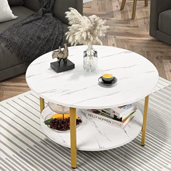 VOWNER Table Basse Ronde, Table Basse Salon, Table D'appoint, Table Canapé, 2 Niveaux de Rangement, Facile à Monter, Table Basse Effet Marbre, Structure en Métal Doré, 80 x 80 x 48 CM – Image 6