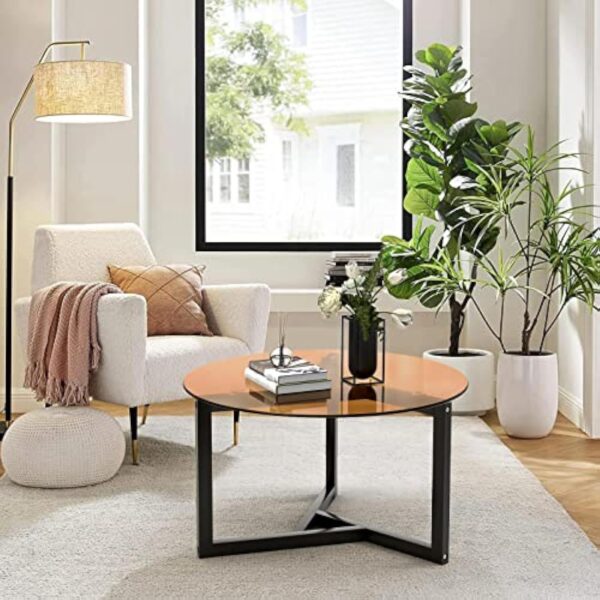 VOWNER Table Basse Ronde, Table de Salon, Table Basse en Verre Trempé, Table de Canapé Moderne, Facile à Assembler, pour Salon, avec Base en Bois Noir, 80×80×46 CM, Marron – Image 7
