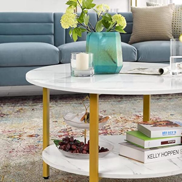 VOWNER Table Basse Ronde, Table Basse Salon, Table D'appoint, Table Canapé, 2 Niveaux de Rangement, Facile à Monter, Table Basse Effet Marbre, Structure en Métal Doré, 80 x 80 x 48 CM – Image 7