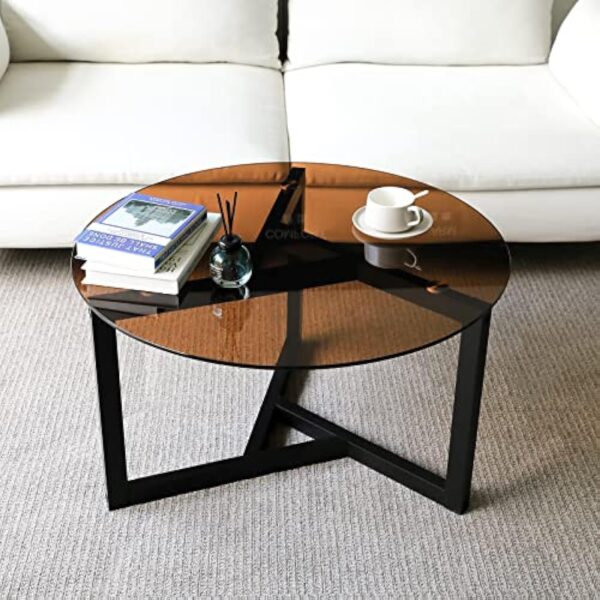 VOWNER Table Basse Ronde, Table de Salon, Table Basse en Verre Trempé, Table de Canapé Moderne, Facile à Assembler, pour Salon, avec Base en Bois Noir, 80×80×46 CM, Marron – Image 8