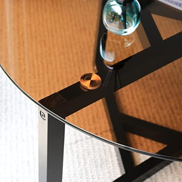 VOWNER Table Basse Ronde, Table de Salon, Table Basse en Verre Trempé, Table de Canapé Moderne, Facile à Assembler, pour Salon, avec Base en Bois Noir, 80×80×46 CM, Marron – Image 9