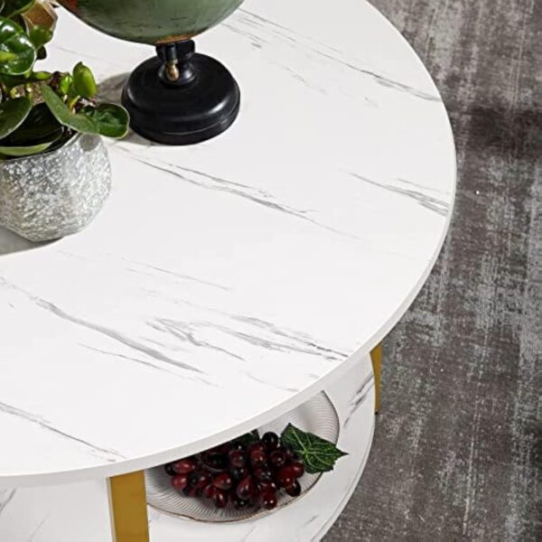 VOWNER Table Basse Ronde, Table Basse Salon, Table D'appoint, Table Canapé, 2 Niveaux de Rangement, Facile à Monter, Table Basse Effet Marbre, Structure en Métal Doré, 80 x 80 x 48 CM – Image 9