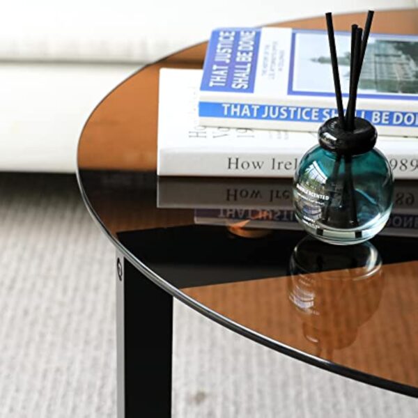 VOWNER Table Basse Ronde, Table de Salon, Table Basse en Verre Trempé, Table de Canapé Moderne, Facile à Assembler, pour Salon, avec Base en Bois Noir, 80×80×46 CM, Marron – Image 10