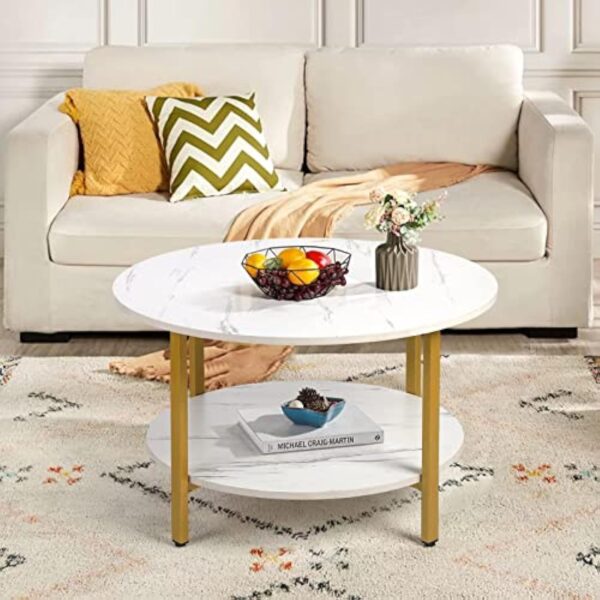 VOWNER Table Basse Ronde, Table Basse Salon, Table D'appoint, Table Canapé, 2 Niveaux de Rangement, Facile à Monter, Table Basse Effet Marbre, Structure en Métal Doré, 80 x 80 x 48 CM – Image 10