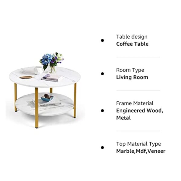 VOWNER Table Basse Ronde, Table Basse Salon, Table D'appoint, Table Canapé, 2 Niveaux de Rangement, Facile à Monter, Table Basse Effet Marbre, Structure en Métal Doré, 80 x 80 x 48 CM – Image 11