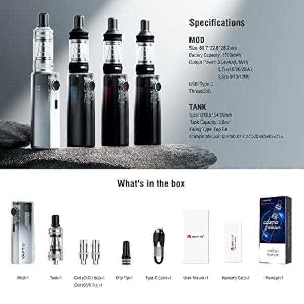 Vaptio Cosmo Nebula Kit avec batterie intégrée 1500 mAh et double bobines Cosmo Kit de démarrage pour cigarette électronique sans e-liquide sans nicotine – Image 5