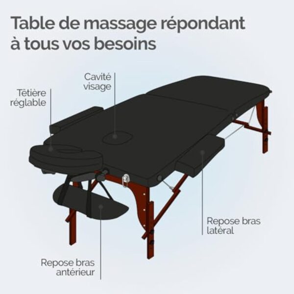 Vivezen - Table de Massage Pliante 2 Zones en Bois foncé avec Panneau Reiki + Accessoires et Housse de Transport - Noir – Image 4