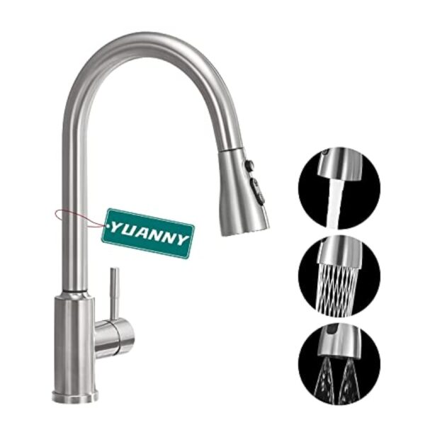 YUANNY Robinet d'Évier Cuisine avec Douchette Extractible, Pivotant à 360° Douchette avec 3 Mode, Haute Pression, Mitigeur Monocommande en 304 Acier Inoxydable – Image 2