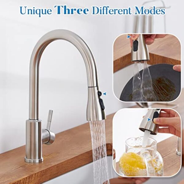 YUANNY Robinet d'Évier Cuisine avec Douchette Extractible, Pivotant à 360° Douchette avec 3 Mode, Haute Pression, Mitigeur Monocommande en 304 Acier Inoxydable – Image 3