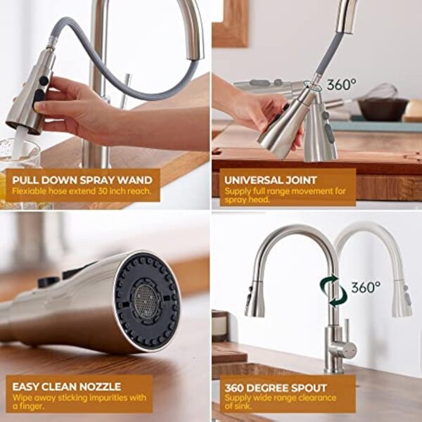 YUANNY Robinet d'Évier Cuisine avec Douchette Extractible, Pivotant à 360° Douchette avec 3 Mode, Haute Pression, Mitigeur Monocommande en 304 Acier Inoxydable – Image 5