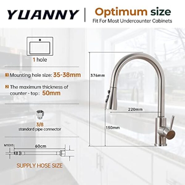 YUANNY Robinet d'Évier Cuisine avec Douchette Extractible, Pivotant à 360° Douchette avec 3 Mode, Haute Pression, Mitigeur Monocommande en 304 Acier Inoxydable – Image 6