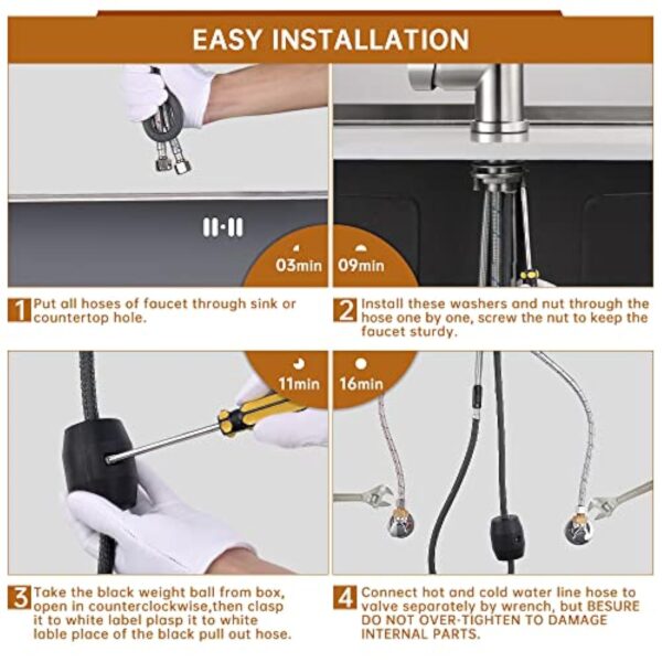 YUANNY Robinet d'Évier Cuisine avec Douchette Extractible, Pivotant à 360° Douchette avec 3 Mode, Haute Pression, Mitigeur Monocommande en 304 Acier Inoxydable – Image 8