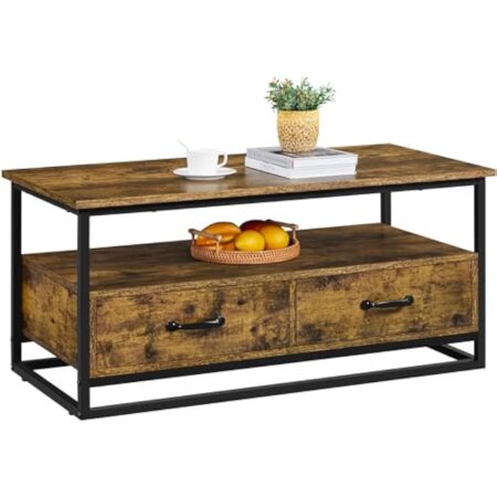 Yaheetech Table Basse de Salon avec 2 Tiroirs, 2 Compartiments, Grand Espace de Rangement, Étagère Ouverte en Bois MDF Industrielle, 100 × 48 × 46 cm, Brun Rustique pour Salon Chambre Bureau