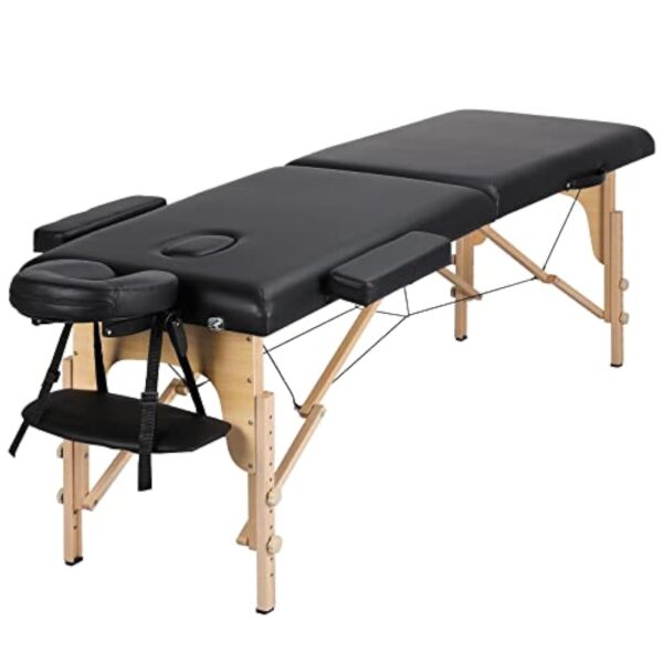 Yaheetech Table de Massage Portable Pliable à 2 Zones Charge 250 kg en Bois Hêtre Hauteur Réglable avec Appuie-tête Amovible Sac de Transport 213 x 60 cm/Noir