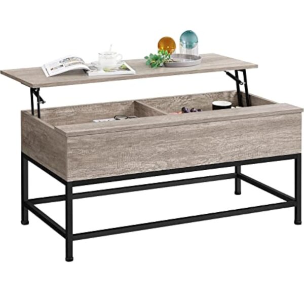 Yaheetech Table Basse de Salon avec Plateau Relevable 102x51x48 cm Compartiment Caché Pied Réglable Table de Salon en Bois et Métal pour Salle de Réception Chambre Gris