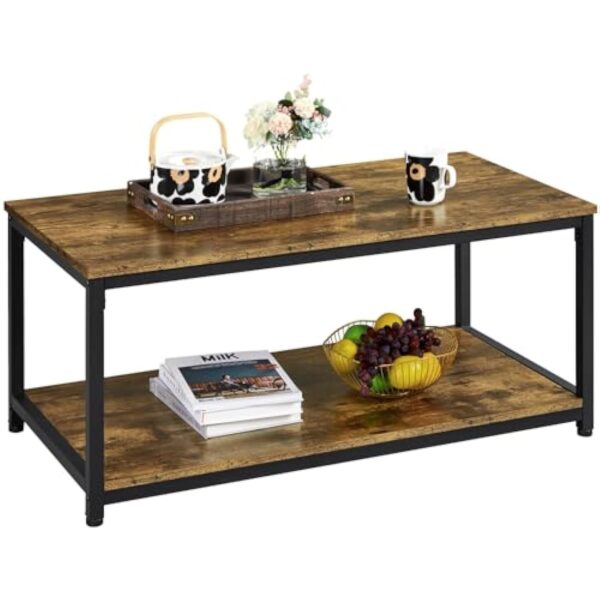 Yaheetech Table Basse Salon Désign Industriel Grand Plateau 100 x 50 x 45 cm Pieds réglables Bout de Canapé en Bois Brun Rustique – Image 2