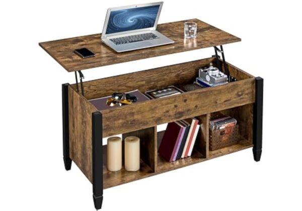 Yaheetech Table Basse Plateau Relevable, Table de Salon Industrielle, Table avec Porte-Revues, 3 Compartiments de Rangement, Pieds réglables en Bois MDF et Métal 104.5 cm x 49.5 cm x 49 cm – Image 2
