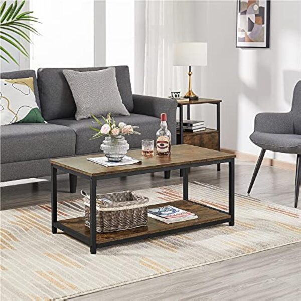 Yaheetech Table Basse Salon Désign Industriel Grand Plateau 100 x 50 x 45 cm Pieds réglables Bout de Canapé en Bois Brun Rustique – Image 3