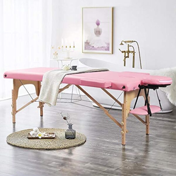 Yaheetech Table de Massage Pliante avec Pieds en Bois Lit de Massage avec Appui-tête et Accoudoirs Réglables en Hauteur 60 cm de Large Rose – Image 3