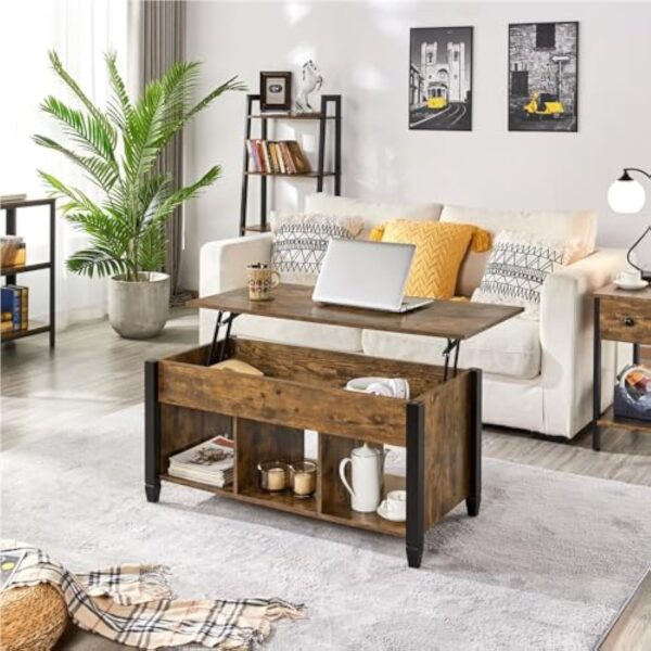 Yaheetech Table Basse Plateau Relevable, Table de Salon Industrielle, Table avec Porte-Revues, 3 Compartiments de Rangement, Pieds réglables en Bois MDF et Métal 104.5 cm x 49.5 cm x 49 cm – Image 3