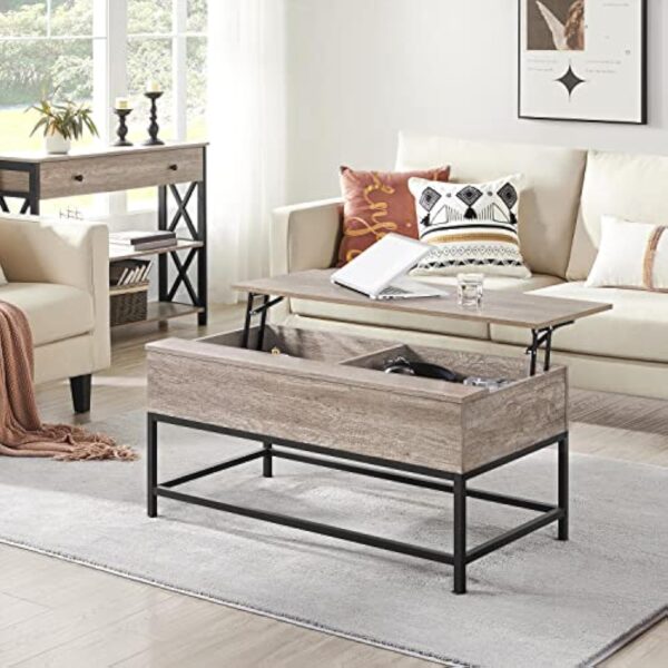Yaheetech Table Basse de Salon avec Plateau Relevable 102x51x48 cm Compartiment Caché Pied Réglable Table de Salon en Bois et Métal pour Salle de Réception Chambre Gris – Image 3