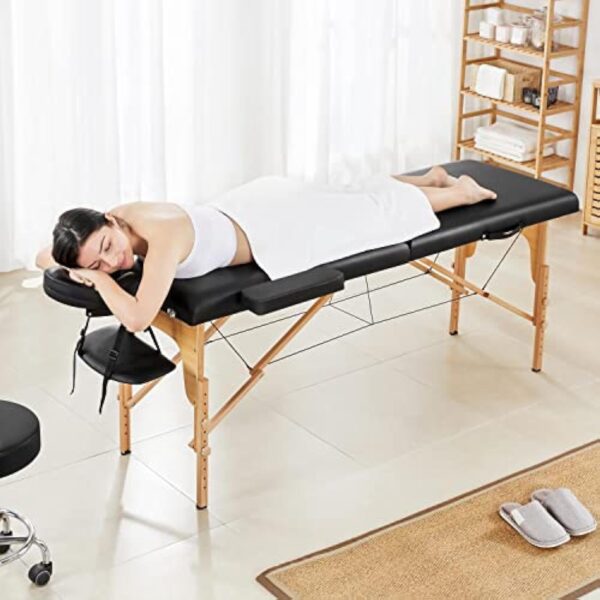 Yaheetech Table de Massage Portable Pliable à 2 Zones Charge 250 kg en Bois Hêtre Hauteur Réglable avec Appuie-tête Amovible Sac de Transport 213 x 60 cm/Noir – Image 3