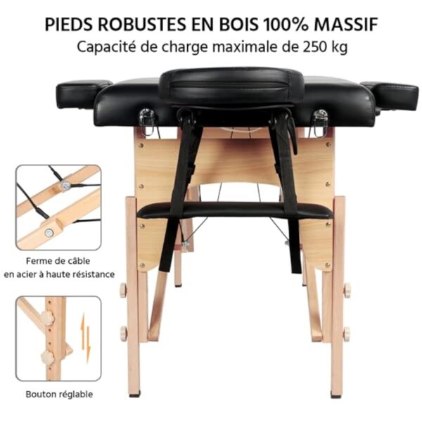 Yaheetech Table de Massage Pliable Lit de Massage 3 Zones Professionnelle Portable Charge 250 kg Hauteur réglable 213 x 82 cm en Bois de hêtre Noir – Image 4