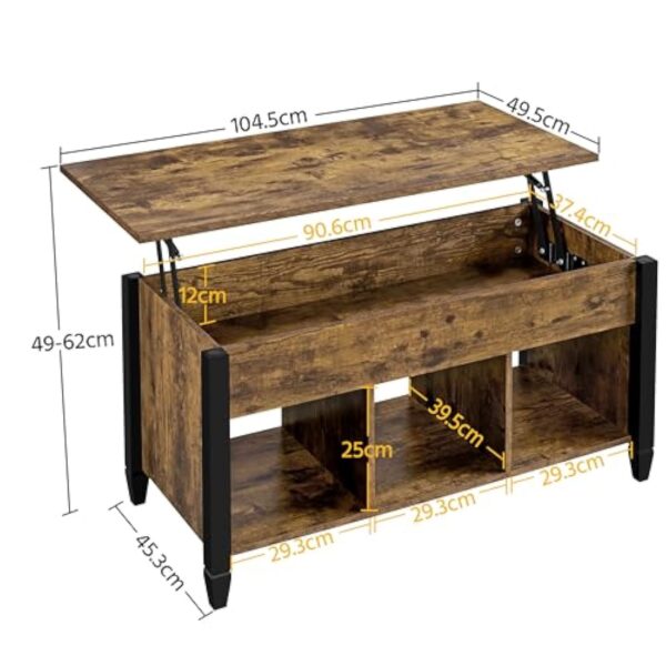 Yaheetech Table Basse Plateau Relevable, Table de Salon Industrielle, Table avec Porte-Revues, 3 Compartiments de Rangement, Pieds réglables en Bois MDF et Métal 104.5 cm x 49.5 cm x 49 cm – Image 4