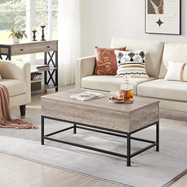 Yaheetech Table Basse de Salon avec Plateau Relevable 102x51x48 cm Compartiment Caché Pied Réglable Table de Salon en Bois et Métal pour Salle de Réception Chambre Gris – Image 4