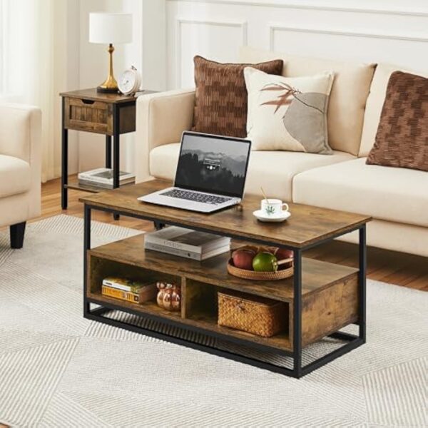 Yaheetech Table Basse de Salon avec 2 Tiroirs, 2 Compartiments, Grand Espace de Rangement, Étagère Ouverte en Bois MDF Industrielle, 100 × 48 × 46 cm, Brun Rustique pour Salon Chambre Bureau – Image 4