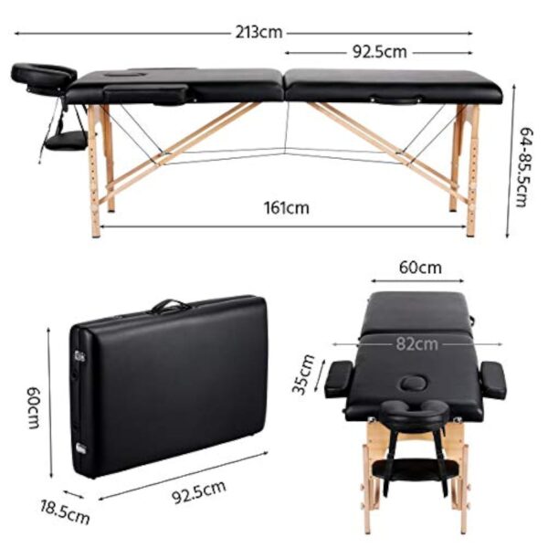 Yaheetech Table de Massage Portable Pliable à 2 Zones Charge 250 kg en Bois Hêtre Hauteur Réglable avec Appuie-tête Amovible Sac de Transport 213 x 60 cm/Noir – Image 4