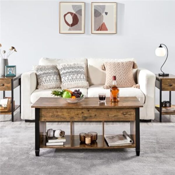 Yaheetech Table Basse Plateau Relevable, Table de Salon Industrielle, Table avec Porte-Revues, 3 Compartiments de Rangement, Pieds réglables en Bois MDF et Métal 104.5 cm x 49.5 cm x 49 cm – Image 5