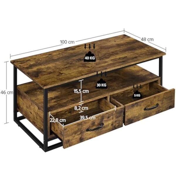 Yaheetech Table Basse de Salon avec 2 Tiroirs, 2 Compartiments, Grand Espace de Rangement, Étagère Ouverte en Bois MDF Industrielle, 100 × 48 × 46 cm, Brun Rustique pour Salon Chambre Bureau – Image 5