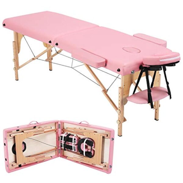 Yaheetech Table de Massage Pliante avec Pieds en Bois Lit de Massage avec Appui-tête et Accoudoirs Réglables en Hauteur 60 cm de Large Rose – Image 6