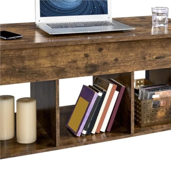Yaheetech Table Basse Plateau Relevable, Table de Salon Industrielle, Table avec Porte-Revues, 3 Compartiments de Rangement, Pieds réglables en Bois MDF et Métal 104.5 cm x 49.5 cm x 49 cm – Image 6