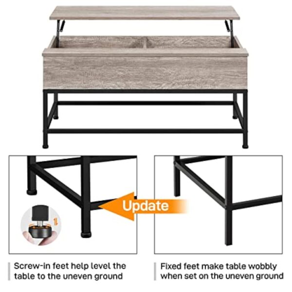 Yaheetech Table Basse de Salon avec Plateau Relevable 102x51x48 cm Compartiment Caché Pied Réglable Table de Salon en Bois et Métal pour Salle de Réception Chambre Gris – Image 6